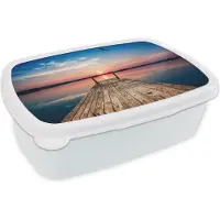 MuchoWow Broodtrommel Wit - Lunchbox - Brooddoos - Steiger - Water - Zonsondergang - Roze - Horizon - 18x12x6 cm - Volwassenen