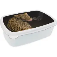 MuchoWow Broodtrommel Wit - Lunchbox - Brooddoos - Luipaard - Tong - Nacht - 18x12x6 cm - Volwassenen