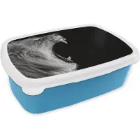 MuchoWow Broodtrommel Blauw - Lunchbox - Brooddoos - Dieren - Leeuw - Zwart - Wit - Portret - 18x12x6 cm - Kinderen - Jongen