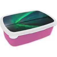 MuchoWow Broodtrommel Roze - Lunchbox - Brooddoos - Noorderlicht - IJsland - Sterrenhemel - Groen - Water - 18x12x6 cm - Kinderen - Meisje