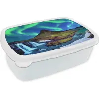 MuchoWow Broodtrommel Wit - Lunchbox - Brooddoos - Noorderlicht - Sterrenhemel - IJsland - Berg - Groen - Waterval - Meer - 18x12x6 cm - Volwassenen