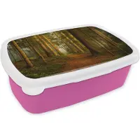 MuchoWow Broodtrommel Roze - Lunchbox - Brooddoos - Bos - Natuur - Bomen - Landschap - Bladeren - 18x12x6 cm - Kinderen - Meisje