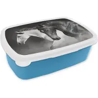 MuchoWow Broodtrommel Blauw - Lunchbox - Brooddoos - Paarden - Dieren - Zwart - Wit - Portret - 18x12x6 cm - Kinderen - Jongen