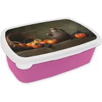 MuchoWow Broodtrommel Roze - Lunchbox - Brooddoos - Rustiek - Fruit - Kan - Mand - Stilleven - 18x12x6 cm - Kinderen - Meisje