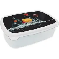 MuchoWow Broodtrommel Wit - Lunchbox - Brooddoos - Water - Fruit - Sinaasappel - Aardbei - Kers - Zwart - 18x12x6 cm - Volwassenen