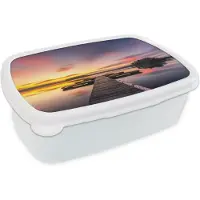 MuchoWow Broodtrommel Wit - Lunchbox - Brooddoos - Steiger - Zonsondergang - Water - Zee - Reflectie - 18x12x6 cm - Volwassenen