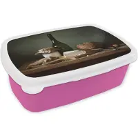 MuchoWow Broodtrommel Roze - Lunchbox - Brooddoos - Rustiek - Brie - Stilleven - Fles - Brood - 18x12x6 cm - Kinderen - Meisje