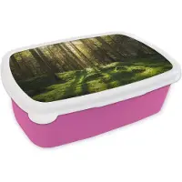 MuchoWow Broodtrommel Roze - Lunchbox - Brooddoos - Bomen - Bos - Mos - Planten - Zon - Natuur - 18x12x6 cm - Kinderen - Meisje