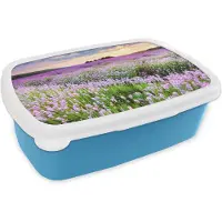 MuchoWow Broodtrommel Blauw - Lunchbox Bloemen - Lavendel - Paars - Lucht - Zonsondergang - Weide - Natuur - Brooddoos 18x12x6 cm - Brood lunch box - Broodtrommels voor kinderen en volwassenen