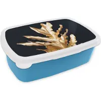 MuchoWow Broodtrommel Blauw - Lunchbox - Brooddoos - Bladeren - Goud - Herfst - Natuur - Luxe - 18x12x6 cm - Kinderen - Jongen