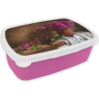 MuchoWow Broodtrommel Roze - Lunchbox - Brooddoos - Rustiek - Bloemen - Roze - Vaas - Stilleven - 18x12x6 cm - Kinderen - Meisje
