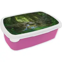 MuchoWow Broodtrommel Roze - Lunchbox - Brooddoos - Jungle - Stenen - Water - Natuur - Planten - 18x12x6 cm - Kinderen - Meisje