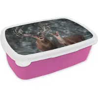 MuchoWow Broodtrommel Roze - Lunchbox - Brooddoos - Hert - Dieren - Winter - Gewei - Sneeuw - Natuur - 18x12x6 cm - Kinderen - Meisje