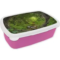 MuchoWow Broodtrommel Roze - Lunchbox - Brooddoos - Jungle - Groen - Natuur - Tropisch - Planten - 18x12x6 cm - Kinderen - Meisje