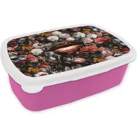 MuchoWow Broodtrommel Roze - Lunchbox - Brooddoos - Lippen - Bloemen - Verf - Oranje - Kunst - Abstract - Oude meesters - 18x12x6 cm - Kinderen - Meisje