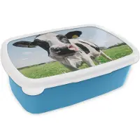 MuchoWow Broodtrommel Blauw - Lunchbox - Brooddoos - Koe - Weiland - Natuur - Dieren - Gras - 18x12x6 cm - Kinderen - Jongen