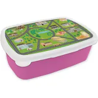 MuchoWow Broodtrommel Roze - Lunchbox - Brooddoos - Rotonde - Gebouwen - Auto - Kinderen - Groen - 18x12x6 cm - Kinderen - Meisje