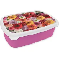 MuchoWow Broodtrommel Roze - Lunchbox - Brooddoos - Bloemen - Kleuren - Gerbera - Rozen - 18x12x6 cm - Kinderen - Meisje