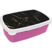 MuchoWow Broodtrommel Roze - Lunchbox - Brooddoos - Marmer - Zwart - Goud - Luxe - 18x12x6 cm - Kinderen - Meisje