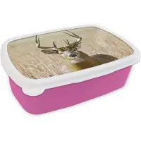MuchoWow Broodtrommel Roze - Lunchbox - Brooddoos - Hert - Gras - Herfst - Dieren - Natuur - Gewei - 18x12x6 cm - Kinderen - Meisje