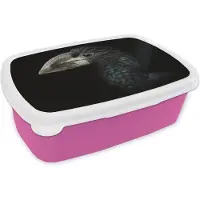 MuchoWow Broodtrommel Roze - Lunchbox - Brooddoos - Vogel - Portret - Neushoornvogel - Zwart - Dieren - 18x12x6 cm - Kinderen - Meisje