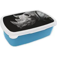 MuchoWow Broodtrommel Blauw - Lunchbox - Brooddoos - Dieren - Neushoorn - Zwart - Wit - Portret - 18x12x6 cm - Kinderen - Jongen