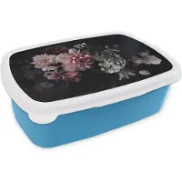 MuchoWow Broodtrommel Blauw - Lunchbox - Brooddoos - Bloemen - Vintage - Pastel - Roze - Wit - 18x12x6 cm - Kinderen - Jongen