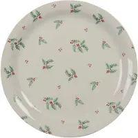 Clayre & Eef Ontbijtbord Ø 20 cm Beige Groen Keramiek Rond Hulstbladeren Bord Eetbord Gebaksbordje Beige Bord Eetbord