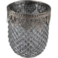 Clayre & Eef Theelichthouder Ø 8x9 cm Grijs Glas Metaal Waxinelichthouder Grijs Waxinelichthouder