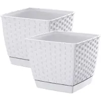 Prosperplast Set van 2x stuks plantenpotten/bloempotten rotan kunststof 19 x 19 cm en hoogte 16 cm parel wit - Plantenpotten
