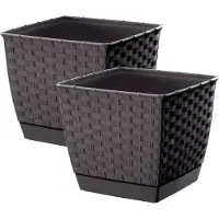 Prosperplast Set van 2x stuks plantenpotten/bloempotten rotan kunststof 16.5 x 16.5 cm en hoogte 14.2 cm donkerbr - Plantenpotten