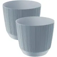 Prosperplast 2x stuks moderne carf-stripe plantenpot/bloempot kunststof dia 13 cm/hoogte 11 cm steengrijs - Plantenpotten