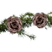 Cosy & Trendy 2x stuks kerstboom bloemen/rozen op clip oudroze glitters 7 cm - Kersthangers