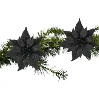 Cosy & Trendy 2x stuks kerstboom decoratie bloemen zwart glitter op clip 18 cm - Kersthangers