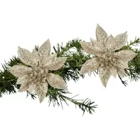 Cosy & Trendy 2x stuks kerstboom decoratie bloemen champagne glitter op clip 15 cm - Kersthangers
