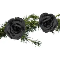 Cosy & Trendy 2x stuks kerstboom bloemen op clip zwart glitter 15 cm - Kersthangers