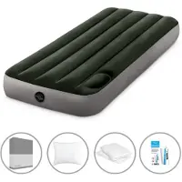 Intex luchtbed - 1 persoon - 76 x 191 x 25 cm - Groen - Met ingebouwde voetpomp + spreihoes antraciet + hoofdkussen + molton 2-in-1 kussenslopen + reparatieset