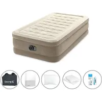 Intex luchtbed - 1 persoon - 99 x 191 x 46 cm - Beige - Met ingebouwde pomp + spannenlaken wit + hoofdkussen + molton 2-in-1 kussenhoezen + reparatieset
