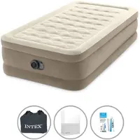Intex luchtbed - 1 persoon - 99 x 191 x 46 cm - Beige - Met ingebouwde pomp + spannenlakenset wit + reparatieset