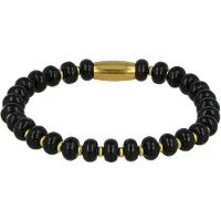 My Bendel - Elastische Armband met Onyx Edelsteen Goudkleurig - Goudkleurige Onyx Armband - Elastisch en Stijlvol - met Luxe Cadeauverpakking | Sieraden Voor Dames | Maat S