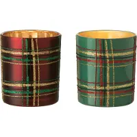 J-Line theelichthouder Geruit - glas - rood/groen - large - 2 stuks