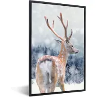 PosterMonkey Fotolijst incl. Poster - Winter - Hert - Dieren - 40x60 cm - Posterlijst - Kerstmis Decoratie - Kerstversiering - Kerstdecoratie Woonkamer - Kerstversiering - Kerstdecoratie voor binnen - Kerstmis