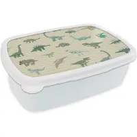 MuchoWow Broodtrommel Wit - Lunchbox - Brooddoos - Dinosaurus - Bruin - Groen - Jongens - Meisjes - Kinderen - 18x12x6 cm - Volwassenen