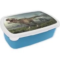 MuchoWow Broodtrommel Blauw - Lunchbox - Brooddoos - Dino - Gras - Tekening - Kinderen - Jongens - 18x12x6 cm - Kinderen - Jongen