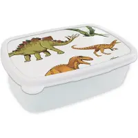 MuchoWow Broodtrommel Wit - Lunchbox - Brooddoos - Dinosaurus - Tekening - Kinderen - Jongens - Kinderen - 18x12x6 cm - Volwassenen