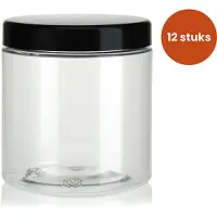 APG Set van 12 transparante PET bokalen met zwart plastic deksel 750ml
