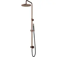 Hotbath Cobber M538 opbouw regendoucheset zonder mengkraan met staafhanddouche en 30cm ronde hoofddouche aan glijstang geborsteld koper PVD