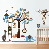 Pura XL Boom Met Tak & Dieren Muursticker - Aapjes Met Uiltjes / Giraffe / Olifant & Vogels