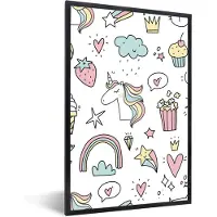 PosterMonkey Poster in fotolijst kinderen - Patronen - Eenhoorn - Kinderen - Meisjes - Regenboog - Pastel - Wanddecoratie meisjes - Decoratie voor kinderkamers - 40x60 cm - Poster kinderkamer