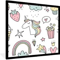 PosterMonkey Poster in fotolijst kinderen - Patronen - Eenhoorn - Kinderen - Meisjes - Regenboog - Pastel - Wanddecoratie meisjes - Decoratie voor kinderkamers - 40x40 cm - Poster kinderkamer